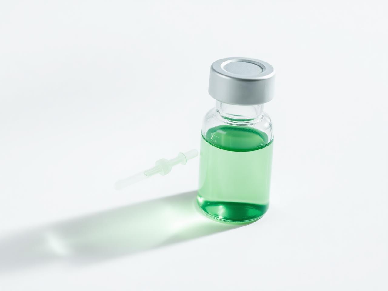 Green peptide vial on white surface